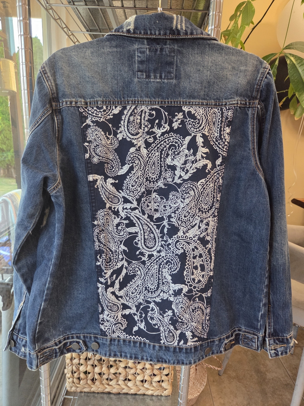American Bazi Blue Denim Jacket with Navy & White Paisley Back Panel